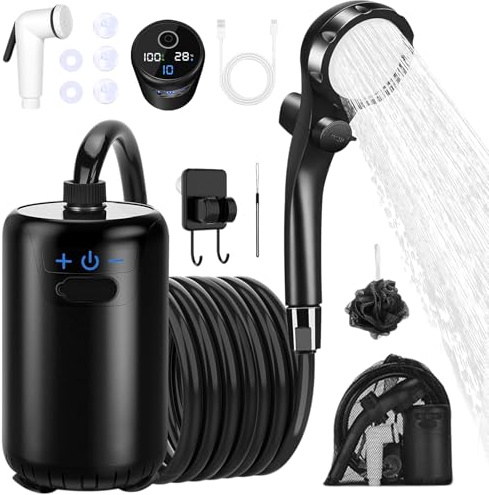 AGARELE Portable Shower, Camping Shower Pump with Rechargeable 8000mAh Battery and Sinking bottom Design, IPX7 Waterproof Outdoor Shower with Intelligent LED Display for Camping, Hiking, Traveling