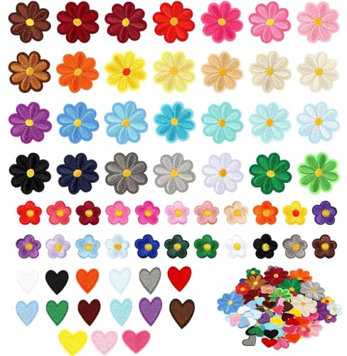 64 Stück Bügelflicken zum Aufbügeln, Bunte Aufbügel Patches, Gänseblümchen, Blumen & Herzen Aufnäher, Bügelbilder zur Dekoration für Kleidung/Taschen/Hüte