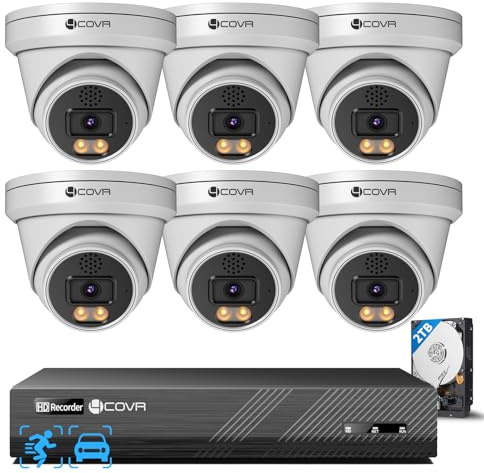 4COVR PoE CCTV Camera Systems 4K, 2 Way Audio, Smart Color Night Vision, AI Human/Vehicle Detection, 8CH 8MP NVR 2TB HDD, 6X 8MP Security Dome IP Camera IP67 Outdoor, 24/7 Recording, ELY97KA8M0806