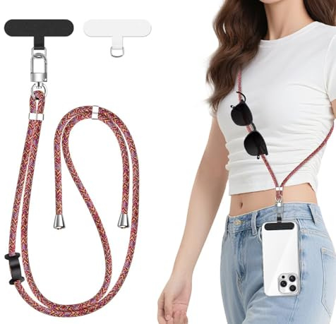 Crossbody Phone Lanyard Adjustable Neck Strap with Secure Patch Holder, Compatible with Most Smartphones – Durable, Hands-Free, Anti-Theft, Multifunctional with Earbud/Glasses Hook - Rainbow Red