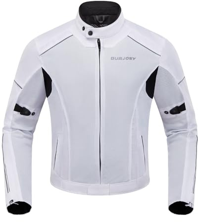 Burjosy Giacca da Moto Estate da Uomo con Protezioni Removibili, Giacca da Moto in Rete Traspirante e Riflettente Leggera