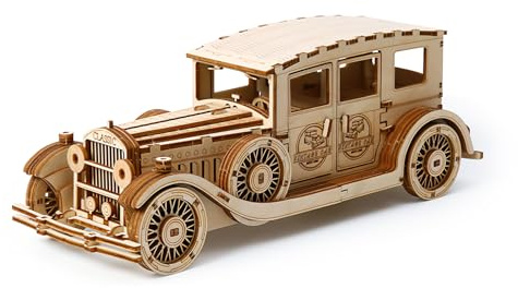 Cuteefun 3D-träpussel, bil trämodellbyggsats, gör ditt eget trähantverkssats, för vuxna och tonåringar att bygga, perfekt för födelsedag, jul, fars dag (veteranbil)