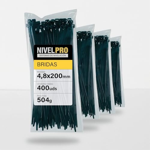 NIVELPRO Bridas de Plástico 4,8 x 200 mm, 400 Unidades, Bridas Negras Resistentes Interior y Exterior, Nylon, Cierre Autoblocante, Sujetacables y Abrazaderas