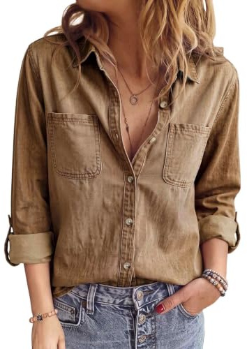 PASUDA Chemise en Jean Femme Manches Longues Élégant | Chemisier Col en V,Doux de Chemiser Denim,col Boutonnée Décontractée Tunique Top,avec Poches Poitrine