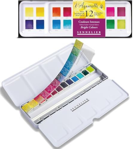 Sennelier Aquarelle Extra-Fines, sélection couleurs intenses - Paysage, 12 demi-godets Boîte en métal et 1 carte