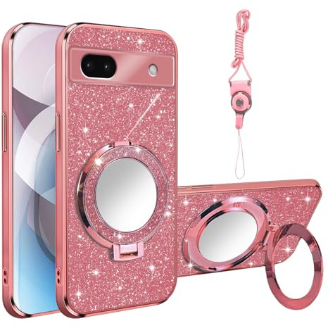 Nuouxoco Phone Case for Google Pixel 6A with Ring Holder Kickstand [Mirror & Lanyard], Women Girls Plating Bling Clear Soft Shockproof Cover Magnetic Case for Google Pixel 6A, Rose Gold