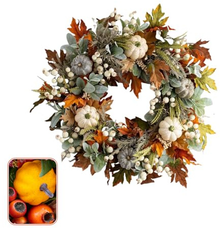 Herbst-Kürbiskranz für Haustür, Ernte-Kranz mit Ahornblättern, Tannenzapfen und Beeren, 3 Stile für Halloween, Thanksgiving, Innen- und Außenbereich, saisonale Dekoration, 35 cm, 40 cm, 45 cm, Beige