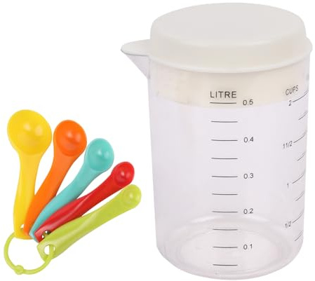 Messbecher 500ml, Rührschüssel mit deckel, Rührschüssel mit Spritzschutz, mit 5 Stück Messlöffel, Transparent Trinkbecher