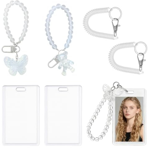 OIXEYA 2 stycken akrylfotokortshållare med fjäderspänne, Kpop fotohållare, bankkredit busskort studentkort för att stödja nycklar hänge märke lämplig för barn