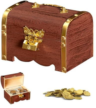 Dtoterul Vintage Holz Schatztruhe Mit, Retro Holz Schatzkiste Schlüssel Kleine Holzkisten Holzschachtel Mit Deckel Aufbewahrungsboxen Sparschwein Münzkassette für, Münzen, Deko,Gold