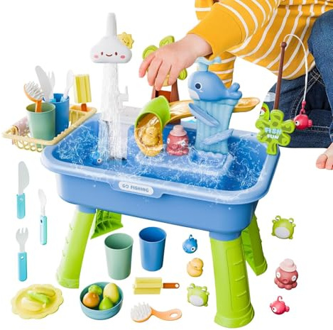 Nixiara Wasserspieltisch Alter 4-8, Fischspielzeug Set, 4-in-1 Kinderwaschbecken Spielzeug mit fließendem Wasser und Pumpe, Für Jungen und Mädchen von 4 bis 8 Jahren Außenpool Geburtstagsgeschenk