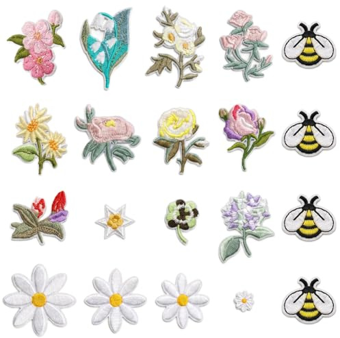 20 Stück Aufbügeln Blumen Bestickte Aufnäher, Gänseblümchen Bügelflicken | Blumen Flicken zum Aufbügeln, Biene Bestickte Patches, Bügelsticker für Kleidung Jacken Jeans Rucksäcke