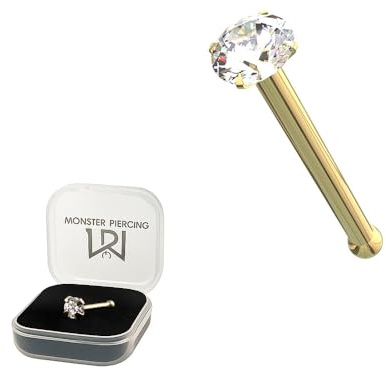 Monster Piercing 9K Gold Echtgold | Nasenpiercing Nasenstecker Stud | Kristallstein | Stabstärke: 22G (0,6 mm) | Stablänge: 6mm | Steingröße: 1,5mm bis 3mm | Hypoallergen