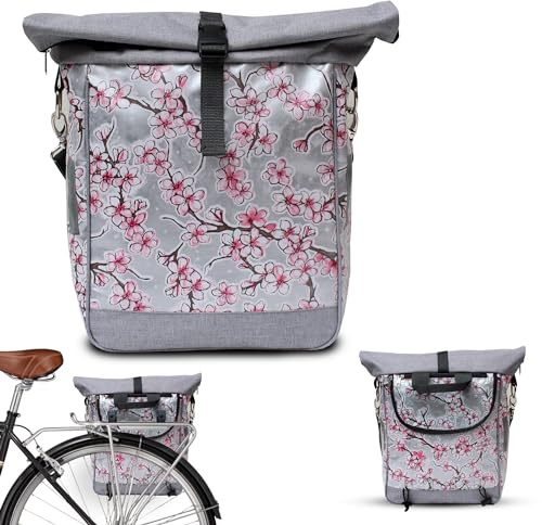 Ikuri Fahrradtasche für Gepäckträger Satteltasche Einzeltasche Packtasche, abnehmbar, mit Tragegurt zum Umhängen, aus Wachstuch, Wasserdicht, mit Kirschblüten - Modell Hanami Silber