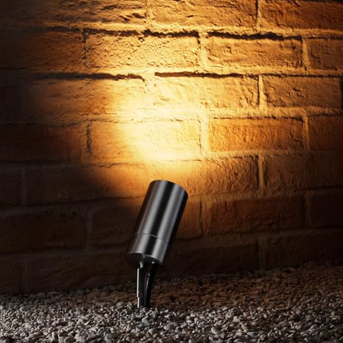 Auraglow Garten Erdspieß Strahler Netzbetrieben mit GU10 Lampe, Warmweiß | IP44 wetterfester Edelstahl Außen Uplighter für Terrasse, Deck, Rasen und Weg, 5W LED enthalten, festverdrahtet