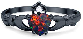 Lab Created Black Opal Black Tone Size-7 Art Deco Ring Irish Claddagh Promise Ring 9mm Heart CZ Crown Vintage Style Statement Wedding Engagement Rings For Women 925 Sterling Silver Gifts For Her