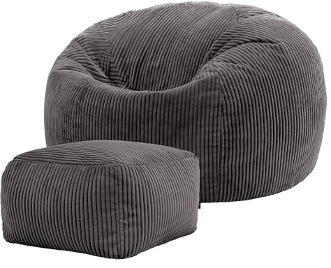 Icon Kingston Sitzsack Cord und Hocker mit Füllung, Grau | In Deutschland Hergestellt, Sitzsack Erwachsene, Weicher Cordstoff, Sitzsack Sessel für Wohnzimmer und Schlafzimmer