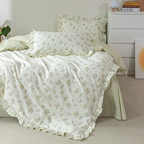 VM VOUGEMARKET Prinzessin Bettwäsche Blumen Bettbezug Set Romantische Rüschen Spitze Bettwäsche Set 100% Baumwolle Wendebettwäsche Grün Streifen Bettbezug mit Reißverschluss für Mädchen-König Grün