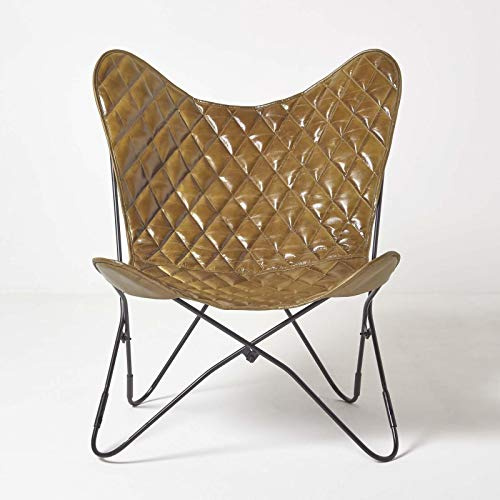 Homescapes Schmetterlingsstuhl, Schmetterlingssessel aus Leder, Butterfly-Sessel in Braun mit Diamantmuster, Lederstuhl aus Echtleder, Ledersessel, Stuhl aus Leder, Leder-Stuhl