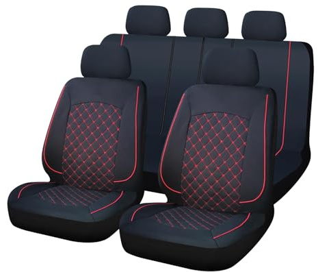 Set Coprisedili Auto Universali 11 Pezzi Anteriori e Posteriori, Tessuto Lavabile, Antiscivolo Elasticizzato Trapuntato in Poliestere, Cerniere per Sedili (Nero-Rosso) -OFFICINE MILANO