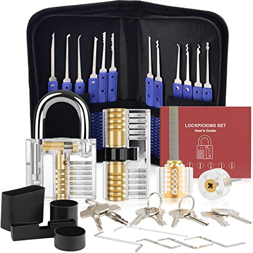 36 Pcs Lock Pick Set, [Upgraded Version] Diyife Premium Practice Lock Picking Tools with 4 Transparent Training Padlocks for Lockpicking, Guide for Beginner and Locksmith Training (Blue)