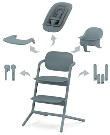 CYBEX Gold LEMO Hochstuhl 4in1-Set, Mitwachsend, 0 - 99 Jahre, Ab Geburt, Inkl. Bouncer Nest, Baby-Set, Snack Tray, Neugeboreneneinlage und Adapter-Set, Buchenholz/Aluminium/Kunststoff, Stone Blue