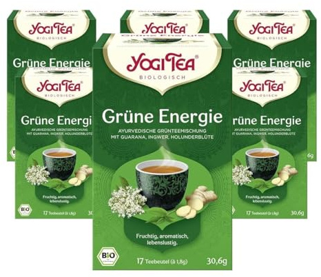 Yogi Tea Grüne Energie, 6x17 Beutel (102 Teebeutel) | Ayurvedischer Bio Gewürz- und Kräutertee, Mischung aus Grünem Tee, Guarana, Ingwer und Holunderblüten