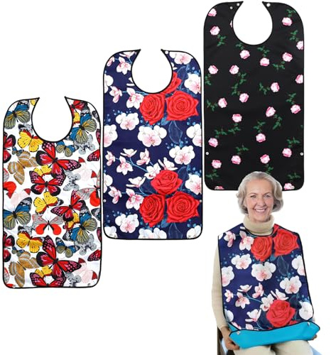 Pafusen 3 Pack Adult Bibs for Women, Reusable Adult Bibs for Eating with Optional Crumb Catcher, Waterproof Washable Dining Clothing Protector, Gifts for Women/Mom