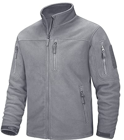MAGCOMSEN Herren Outdoorjacke Winter Militär Fleecejacke Winddicht Trekkingjacke Männer Voll Zip Militärische Jacke Multi Taschen Funktionsjacke mit Stehkragen Hellgrau XXL