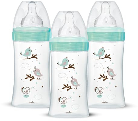 Dodie 3 anti-kolik babyflaskor för nybörjare + av glas, 270 ml, 0–6 månader, rund napp, flöde 2