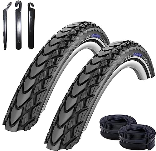 2 x Schwalbe Marathon Mondial Fahrradreifen RaceGuard Pannenschutz mit Reflexstreifen 50-559 (26 x 2,00) + 2 Schwalbe SV13 Schläuche inkl. Reifenheber