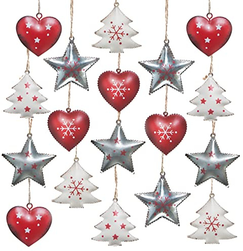 18er Set Weihnachtsanhänger rot grau weiß, schöne Baum Anhänger 5 cm, Weihnachtsbaumschmuck aus Metall, Geschenkanhänger Weihnachten