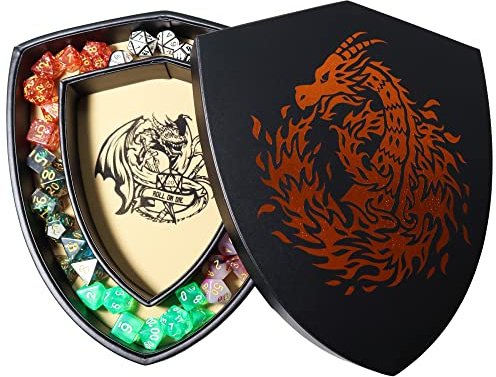 Fantasydice Shield Dice Tray Chromatic Fire Dragon with Lid and Dice Staging Area- Holds 6 Sets(7 Dice Set/Standard) for All Tabletop Games