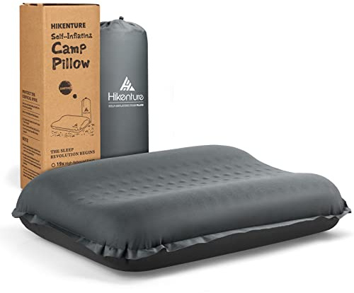 HIKENTURE Self Inflating Camping Pillow, Soft Foam Inflatable Ergonomic 3D Support Blow Up Portable Compressible Travel Pillow Camping, Hiking, Sleeping, Grey 18.1'' x 11.8''