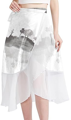 KQNZT Swimsuit Cover Up, Womens Sarong, Sheer Chiffon Long Beach Tie Wrap Skirt, Chinese Ink Painting Lake Boat Mountain