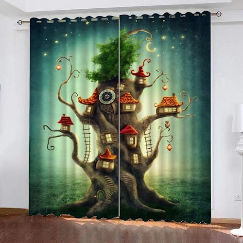 GIOVIA 3D Lustiger Baum Vorhänge Abdunkelnde mit ösen 2 Stücks Gardinen Blickdicht Verdunkelungs Sternenhimmel Kälteschutz Scheibengardinen für Junge Mädchen Schlafzimmer B 280 X H 260 cm