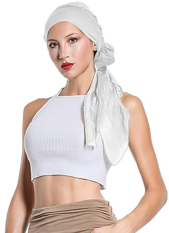 copricapo turbante femminile per la chemioterapia fascia per capelli tinta unica multi stile morbido elastico cod.9527 (Bianco)