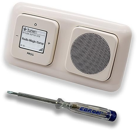 Busch Jäger iNet Internet Unterputz Radio 8216U DURO2000 cremeweiß, Komplett-Set mit Lautsprecher, Abdeckungen und Rahmen + EBROM Phasenprüfer zur Montage der Geräte - 8216 U Internetradio