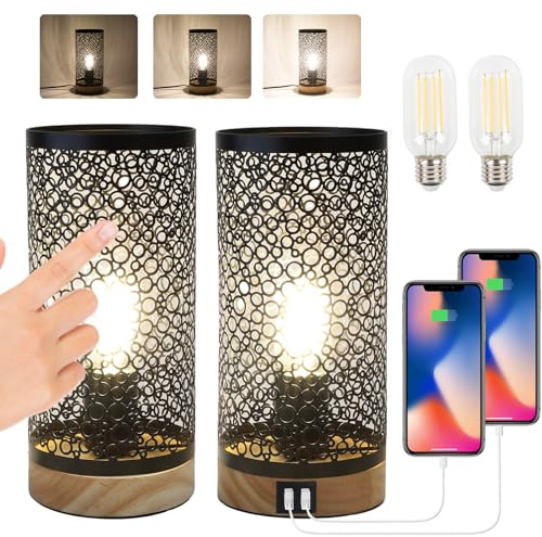 LALISU Nachttischlampe Touch Dimmbar 2er Set, Schwarz | Dimmbar per Touch, 2 USB-Ladeanschlüsse, inkl. 2 LED-Birnen, Vintage Lampenschirm für Schlafzimmer, Wohnzimmer & Babyzimmer