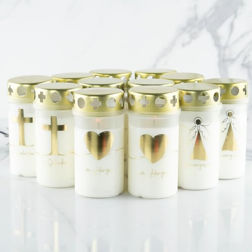 HOFER Lot de 12 petites bougies 46 à 54 heures de combustion, avec couvercle, motif, pour décoration funéraire