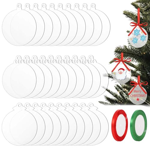 30stk Acryl Rohlinge Weihnachten, 7,5cm Acryl Anhänger Rohlinge Runde Scheiben Transparente Hängedekoration mit Band für Weihnachtsbaumdekorationszubehör (Unregelmäßige Form)