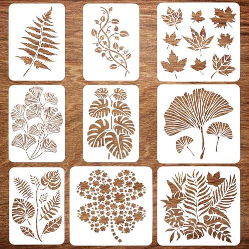 FINGERINSPIRE 9 Stück Tropische Blätter Malerei Schablone 21x29.7 cm 30x30 cm Monstera Ceriman Gummi Gras Palmblatt Ginkgo Biloba Vierblättriges Kleeblatt Sprühschablone PET Pflanzen Themen Schablone