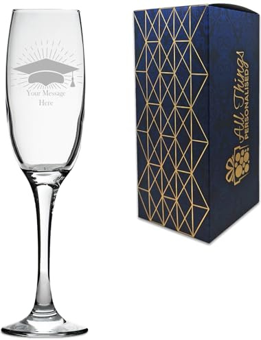 Personalised Engraved Graduation Champagne Flute with Grad Cap Burst Design, Personalise with Any Name or Message, Gift Box Included, Laser Engraved, University College Graduation Gift