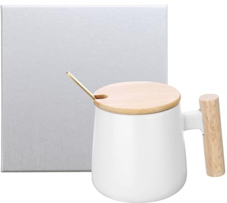 sourcing map Keramik-Kaffeetassen-Set, 364 ml, einfacher Holzgriff, große Teetasse, handgefertigte Keramiktassen, Geschenkbox mit Deckel und Löffel, für Büro, Küche, Zuhause und Geschenke für Frauen