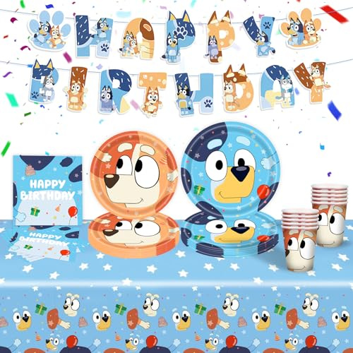Pappteller Kindergeburtstag Deko- Blau Dog Geburtstag Deko Birthday Partygeschirr Set Geburtstagsdeko Mädchen Junge Geschirr Party Tableware Supplies Kit Banner Teller Tischdecke Servietten Tassen