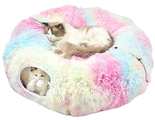 JIUPETY Letto a tunnel per gatti in peluche, arcobaleno, L