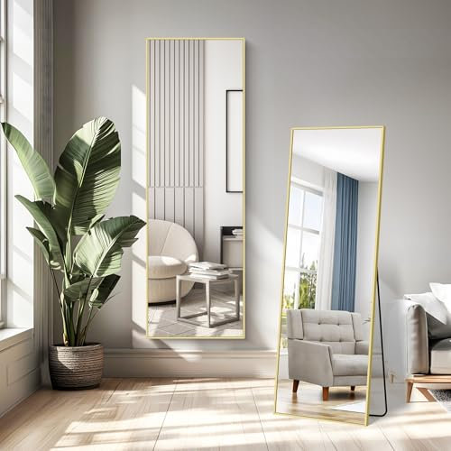 WOLIBEER Specchio a Figura Intera 161 x 52 cm, Grande Specchio da Terra Rettangolare in Alluminio Dorato per Camera da Letto Cameretta Soggiorno Spogliatoio