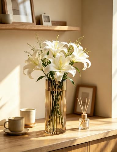 GeLive 30,5 cm große, geriffelte braune Glasvase, Tischdekoration, hoher Zylinder, geriffelte Blumenvase für lange Zweige, künstliche Frischpflanzen, Heimdekoration, Innendekoration | Breite, glatte Öffnung, beschwerter dicker Boden, Tischdekoration