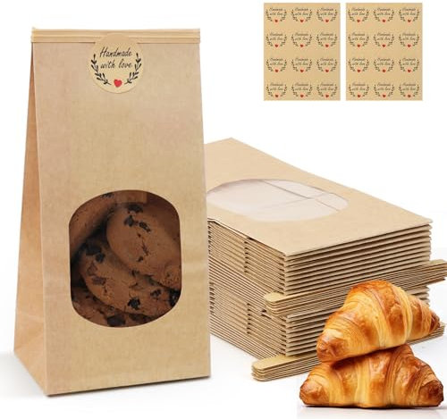 Sacchetti Kraft con Finestra 24 Pezzi 9x5,5x18 cm per Alimenti Buste per Noci, Foglie Tè, Chicchi Caffè, Spezie