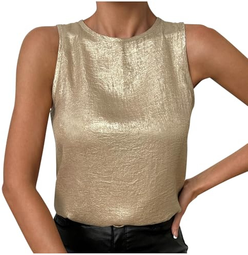 Damen Unterhemden Leicht Und Luftig, Günstig Ärmelloses Tanktop Aus Glänzendem Samt Mit Rundhalsausschnitt Und Gold, Bluse Weich Bequem, Shirt Top Casual Fashion, Oberteile Elegant Schick